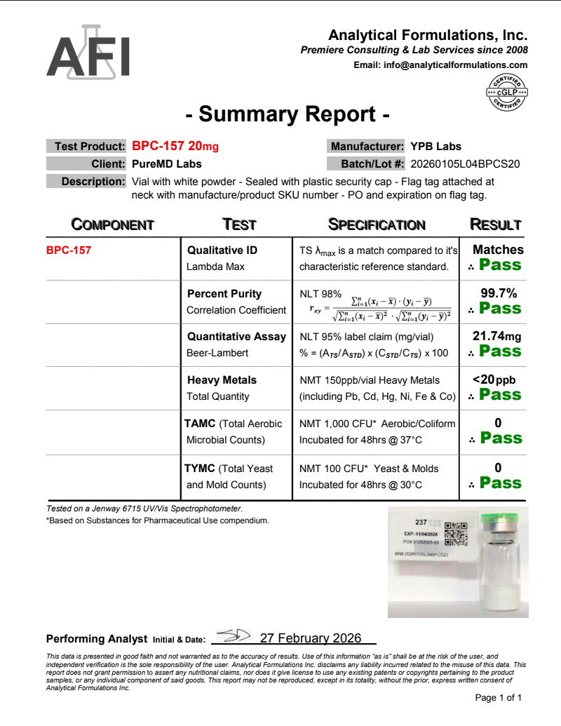 Certificate of Analysis for BPC-157