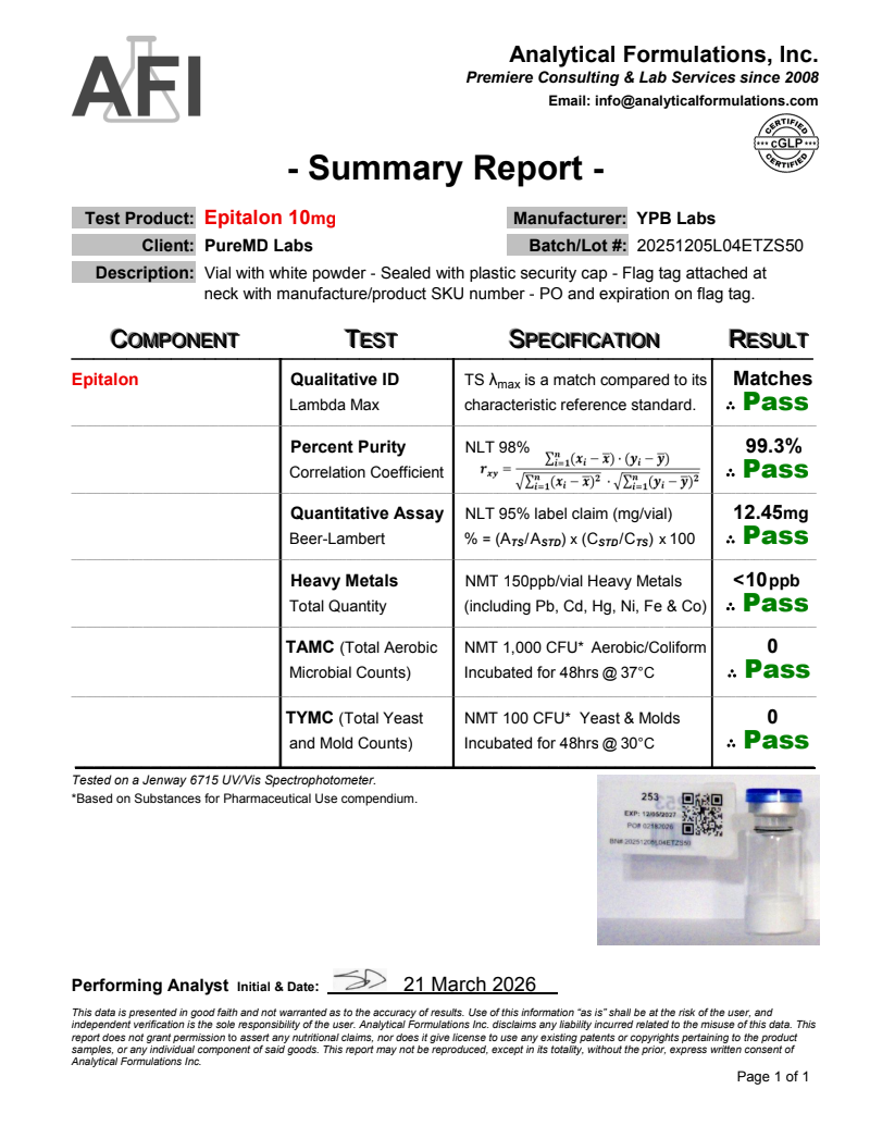 Certificate of Analysis for Epitalon