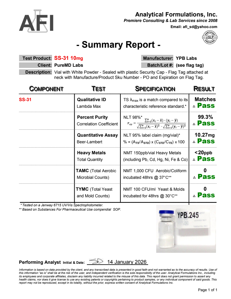 Certificate of Analysis for SS-31
