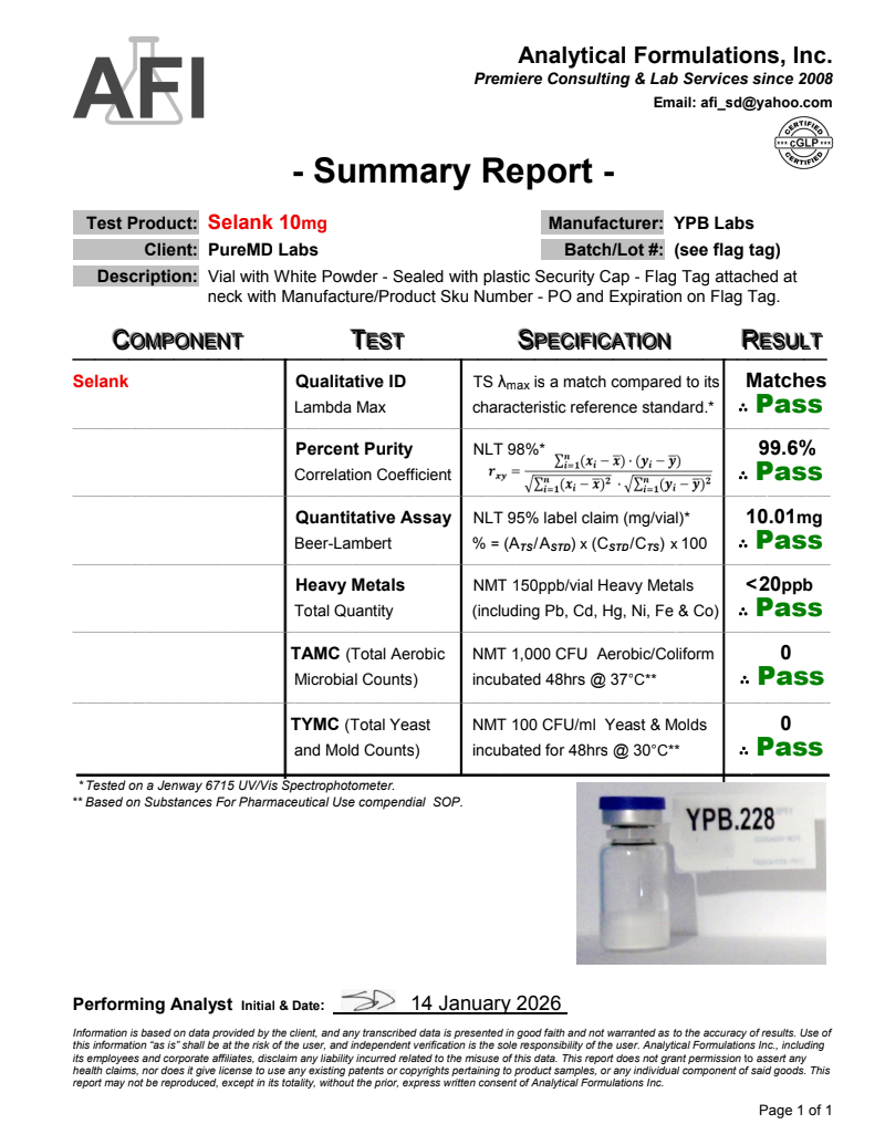 Certificate of Analysis for Selank