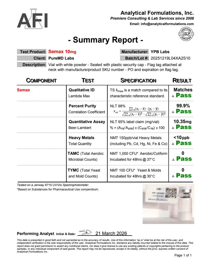 Certificate of Analysis for Semax