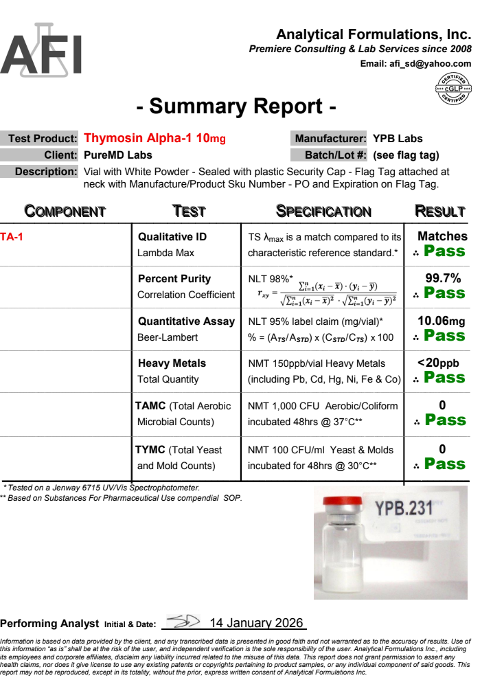 Certificate of Analysis for Thymosin Alpha 1