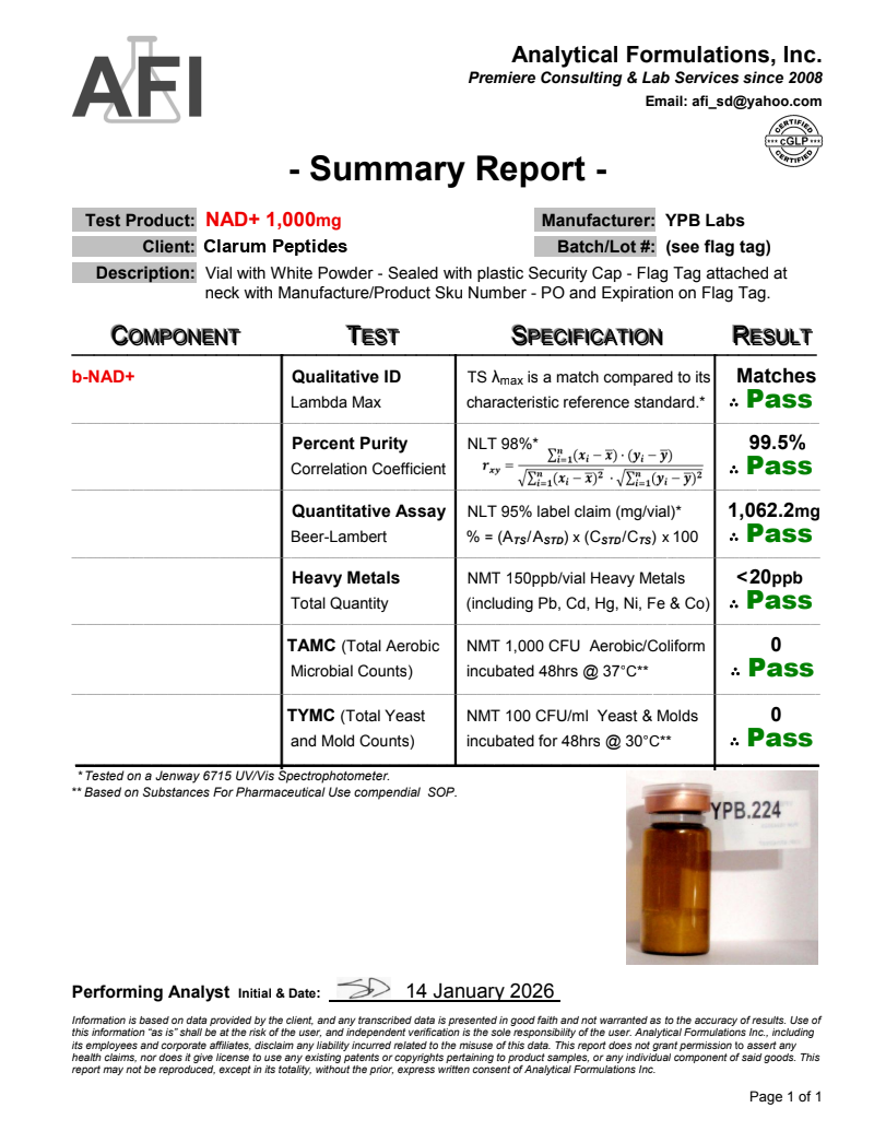 Certificate of Analysis for NAD+