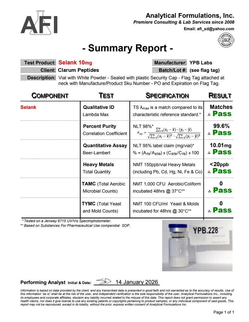 Certificate of Analysis for Selank