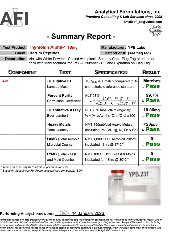 Certificate of Analysis for Thymosin Alpha 1